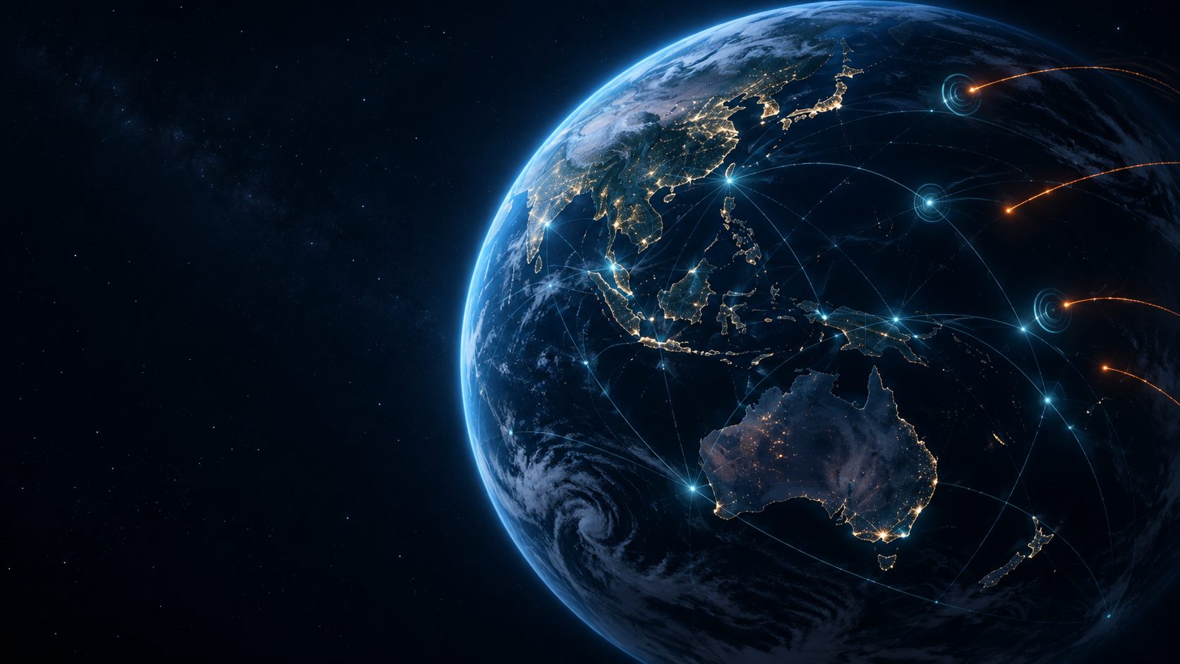 Earth seen from space with glowing cyber network routes